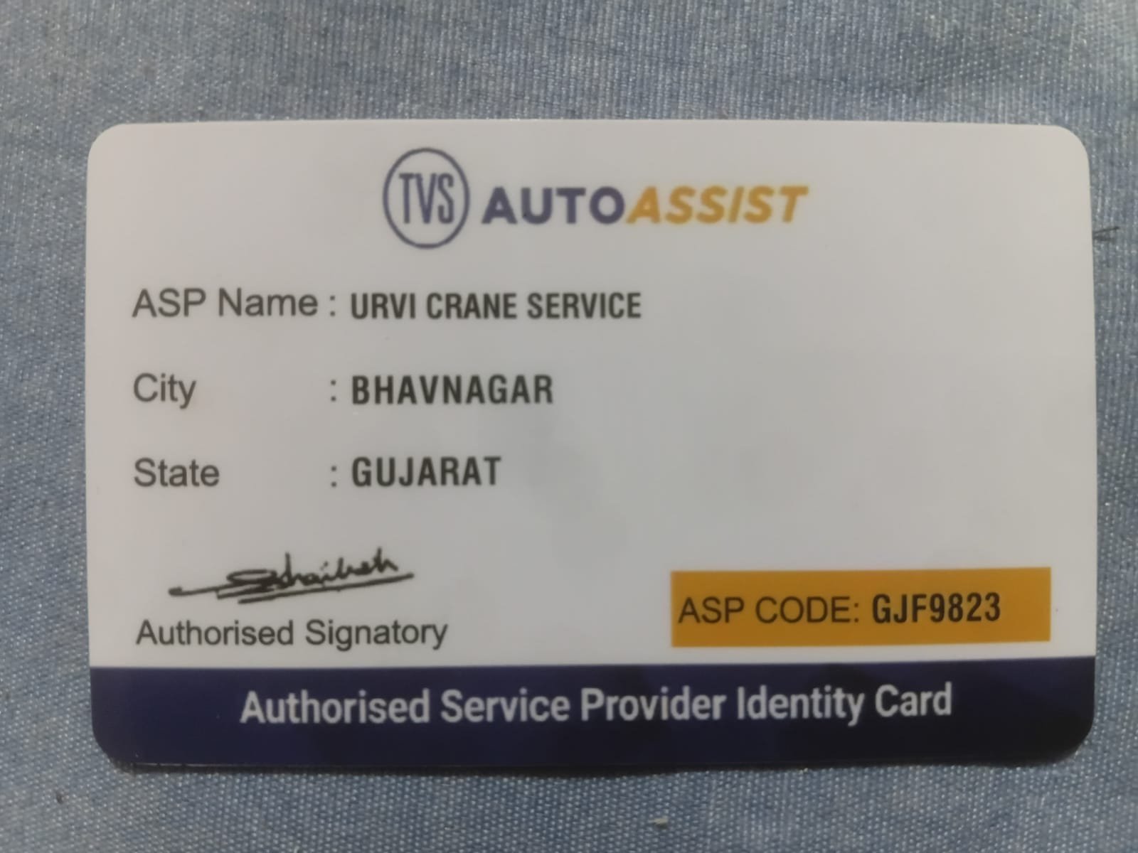 Authorised Service Provider identity card, TVS Auto Assist, issued to Urvi Crane Service Bhavnagar
